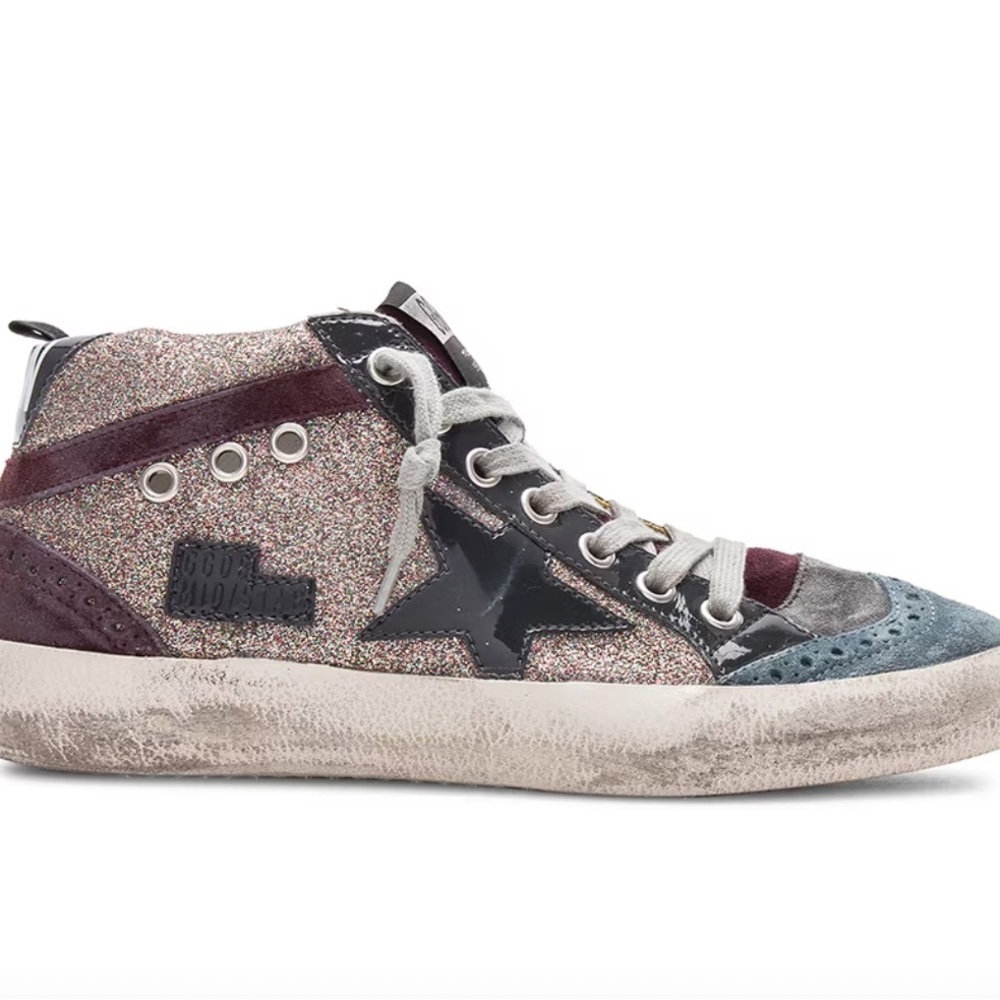 Golden Goose Mid Star Sneaker in Multi Glitter & Grey Patent Star 36